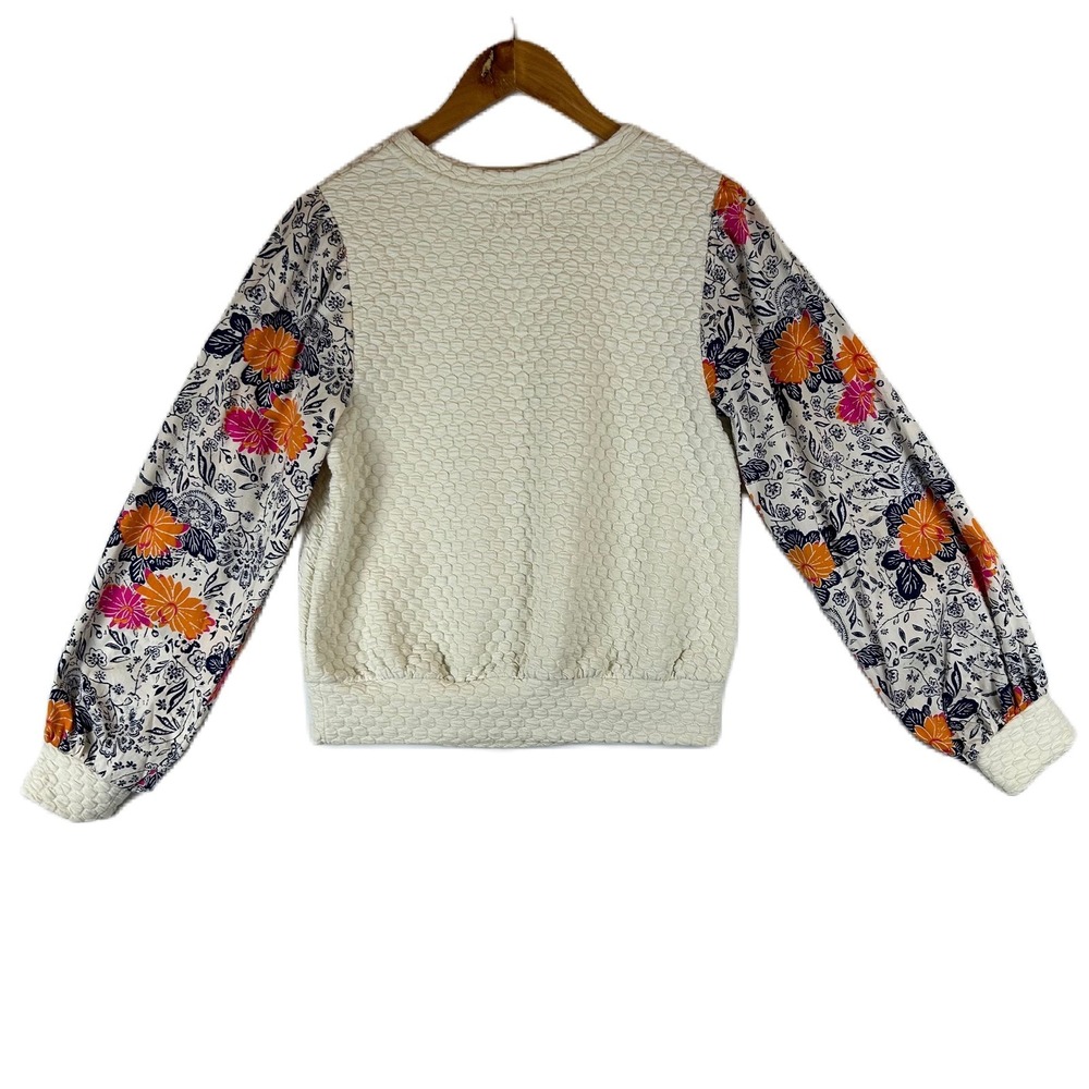 Porridge Anthropologie Women's Quilted Sweater Floral Puff Sleeve Cream Size S - Picture 2 of 10